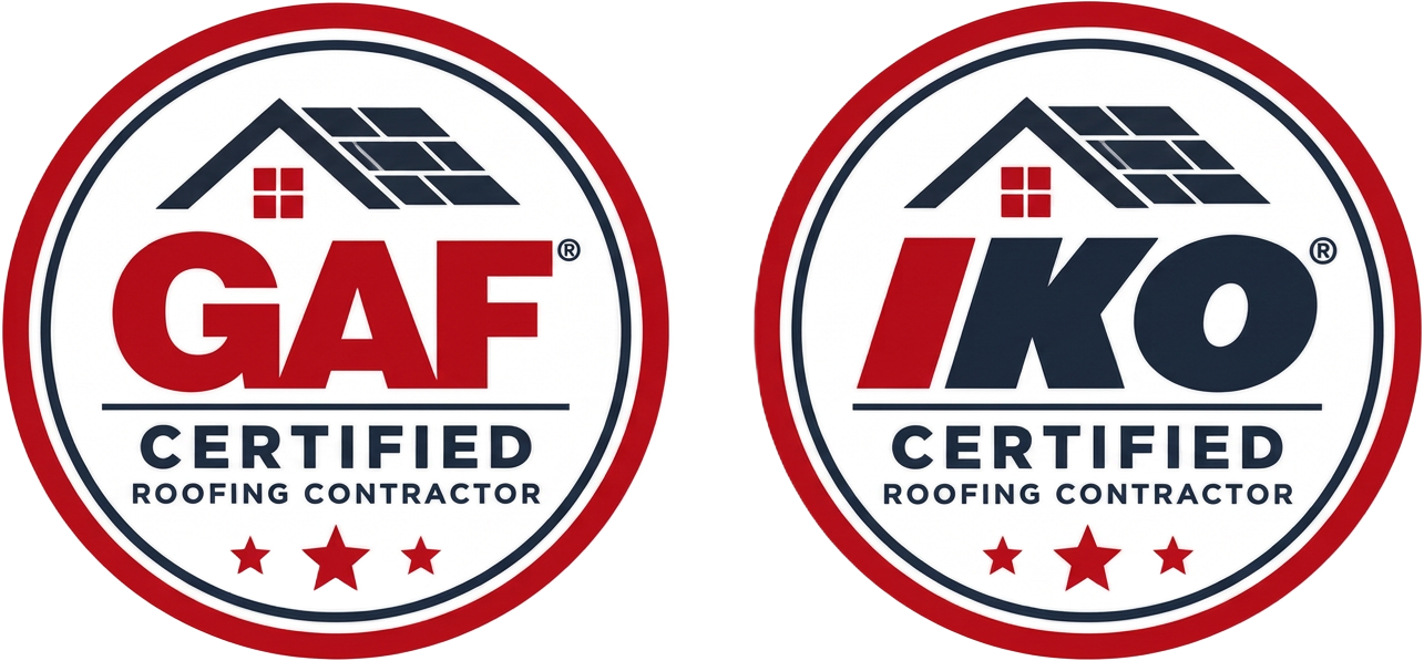 GAF Certified and IKO certified roofing contractor badges, Redfish Roofing Company