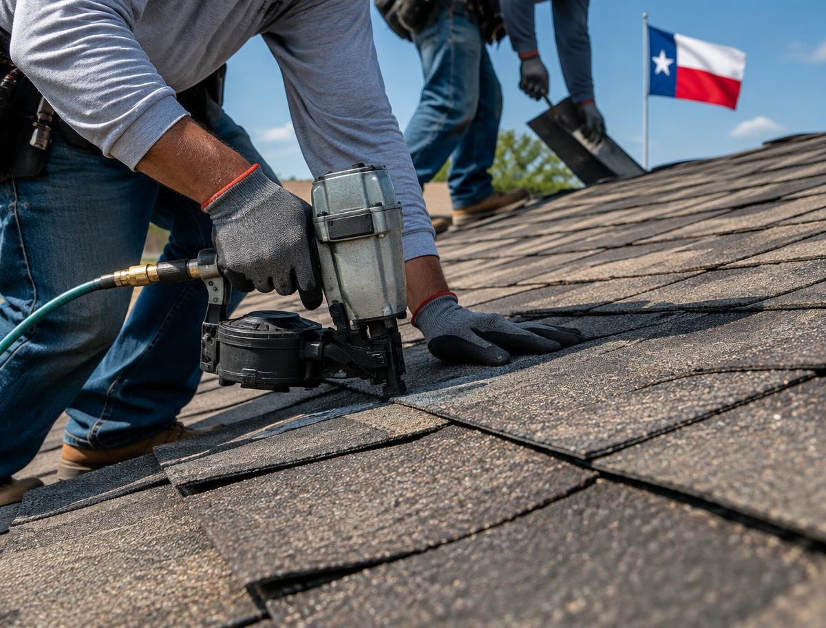 Roofers installing architectural shingles