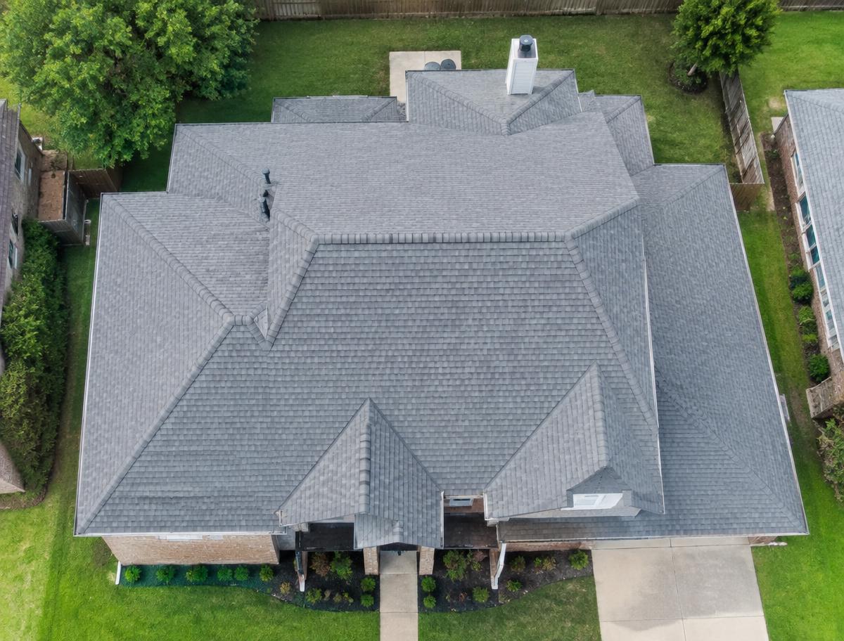 Aerial view of a finished shingle roof