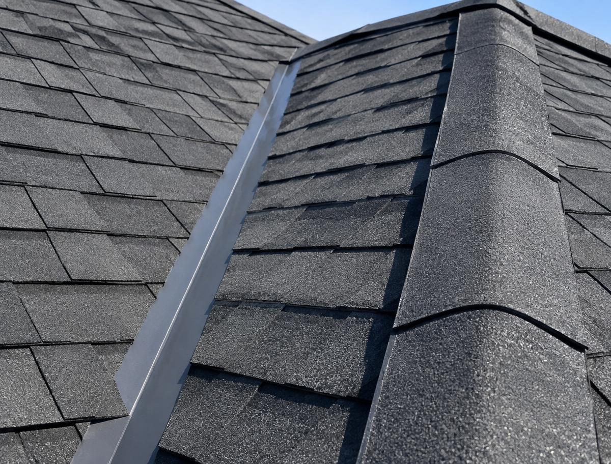 Valley flashing and ridge cap detail